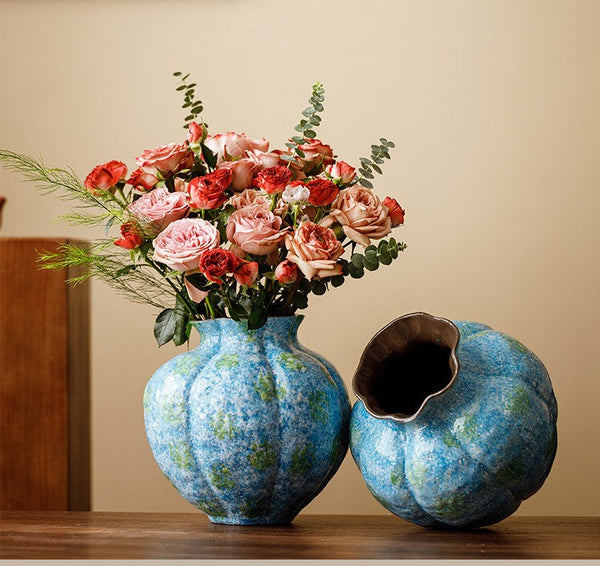Centerpiece on Dining Table, Blue Flower Vase on Table, Handmade Water Holding Flower Vases, Pottery Flower Vases, Modern Bouquet Flower Vases-artworkcanvas
