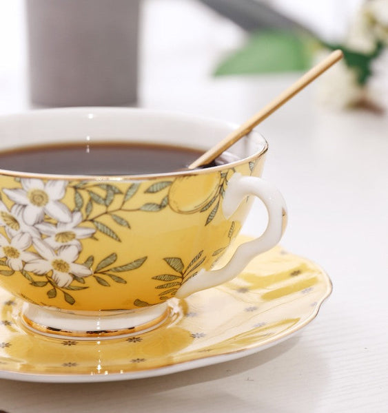 Creative Yellow Ceramic Coffee Cups, Unique Flower Coffee Cup and Saucer, Beautiful British Tea Cups, Creative Porcelain Tea Cup Set-artworkcanvas