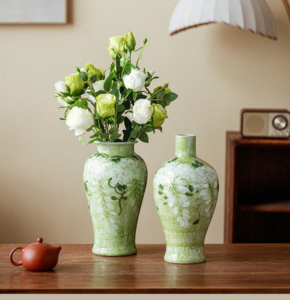 Large Flower Vases on Table, Green Porcelain Flower Vases, Centerpiece Ceramic Bud Vases, Handmade Water Holding Flower Vase-artworkcanvas