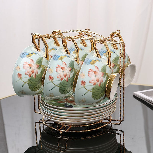 Lotus Flower Porcelain Tea Cup Saucer Set, Unique British Tea Cup and Saucer in Gift Box, Elegant British Ceramic Coffee Cups-artworkcanvas