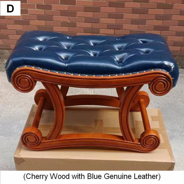 Vintage Leather Stool, Genuine Leather Solid Wood Entry Bench, Cherry Wood Footstool, Long Bench, Vanity Stool, Dressing Table Stool-artworkcanvas