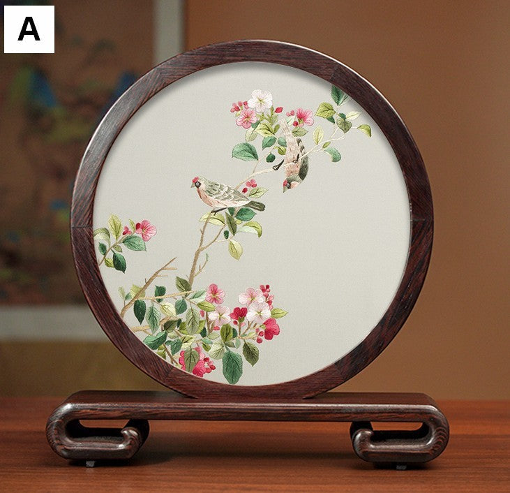 Flower and Birds Silk Embroidery Ornaments, Exclusive Business Presents, Creative Birthday Gift, Premium Souvenir, Traditional Chinese Suzhou Silk Embroidery-artworkcanvas