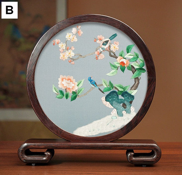 Flower and Birds Silk Embroidery Ornaments, Exclusive Business Presents, Creative Birthday Gift, Premium Souvenir, Traditional Chinese Suzhou Silk Embroidery-artworkcanvas