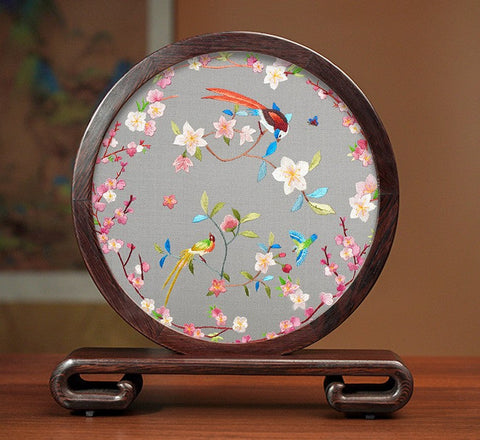 Flower and Birds Silk Embroidery Ornaments, Exclusive Business Presents, Creative Birthday Gift, Premium Souvenir, Traditional Chinese Suzhou Silk Embroidery-artworkcanvas