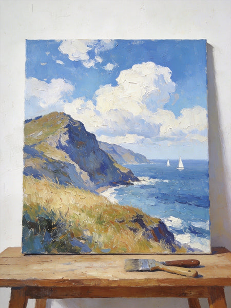 Original Landscape Paintings, Sails Beneath the Cliffside Clouds, Hand Painted Canvas Art, Small Canvas Wall Art Paintings, Buy Small Paintings Online, Original Oil Paintings-artworkcanvas