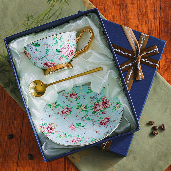 Ceramic Coffee Cup with Saucer, Floral Porcelain Tea Cup and Saucer Set, Traditional English Tea Cup and Saucer Set, Afternoon British Tea Cup with Saucer-artworkcanvas