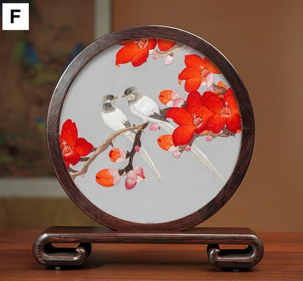 Flower and Bird Embroidery Ornaments, Unique Birthday Gift, Traditional Chinese Suzhou Silk Embroidered Ornament, Premium Souvenir, Exclusive Business Presents-artworkcanvas