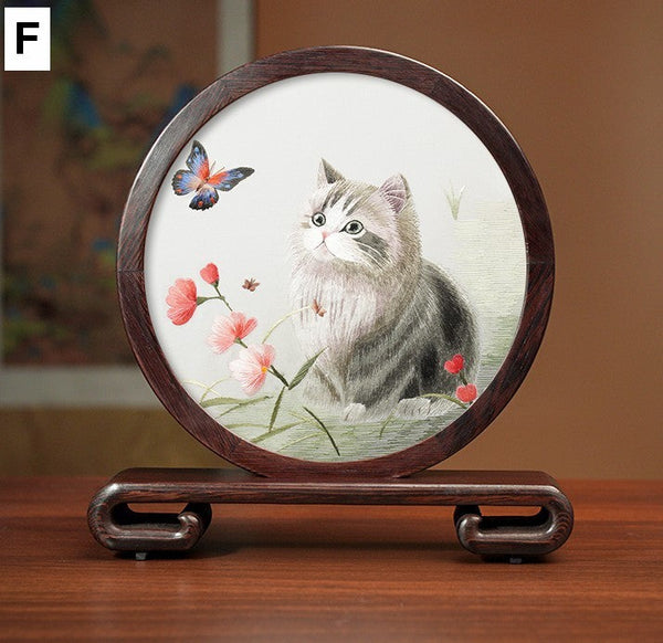 Exclusive Business Present, Lovely Kitty Cat Embroidered Decor, Premium Souvenir, Unique Birthday Gift, Traditional Chinese Suzhou Kitten Embroidery Ornament-artworkcanvas