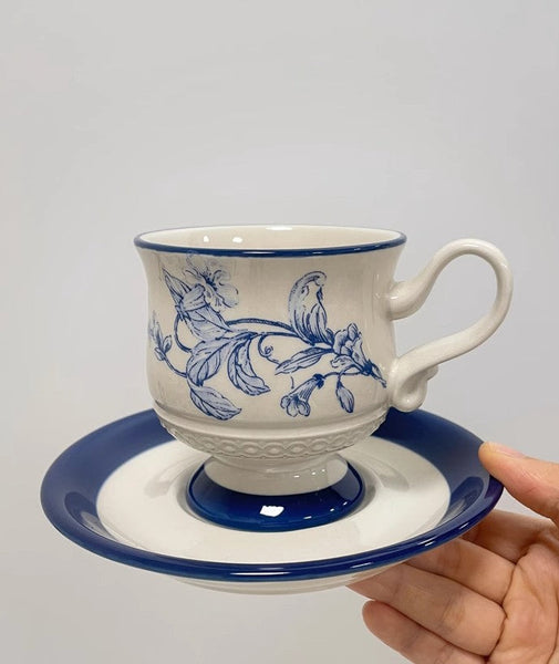 Creative Blue Coffee Cup and Saucer, 8 oz Ceramic Cups for Traditional Afternoon Tea, Creative Porcelain Tea Cup Saucer Set, Beautiful British Tea Cups-artworkcanvas