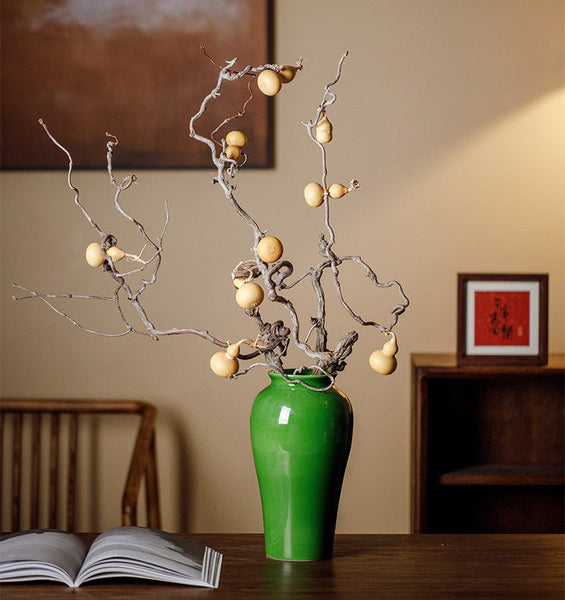 Handmade Water Holding Flower Vase, Centerpiece Ceramic Bud Vases, Green Porcelain Flower Vases, Vintage Flower Vases on Table-artworkcanvas