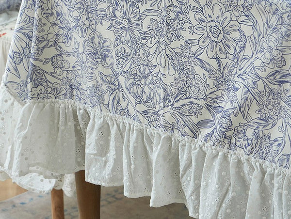 Cotton Rectangle Tablecloth for Dining Room Table, Natural Spring Farmhouse Table Cloth, Blue Flower Pattern Cotton Tablecloth, Square Tablecloth for Round Table-artworkcanvas