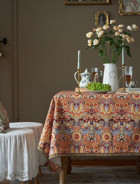 Flower Pattern Tablecloth, Square Tablecloth for Round Table, Large Cotton Rectangle Tablecloth for Home Decoration, Farmhouse Table Cloth Dining Room Table-artworkcanvas