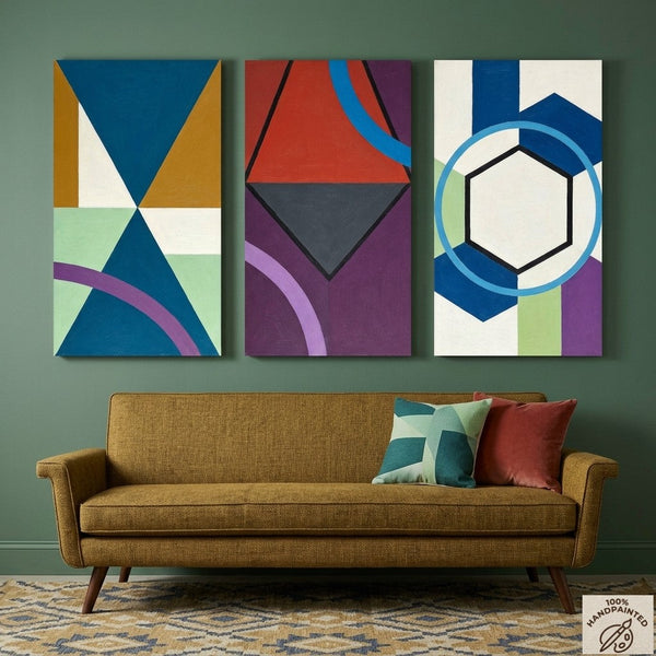 Geometric Abstract Paintings for Modernism Living Room Decor, Multi Panel Canvas Art, Extra Large Group Paintings, Hand Painted Artwork-artworkcanvas