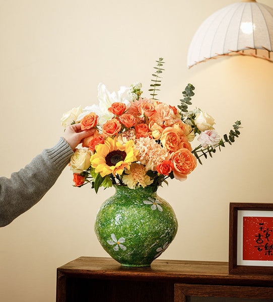 Modern Pottery Flower Vases, Centerpiece on Dining Table, Handmade Water Holding Flower Vases, Pottery Bud Vases, Large Green Flower Vases on Table-artworkcanvas