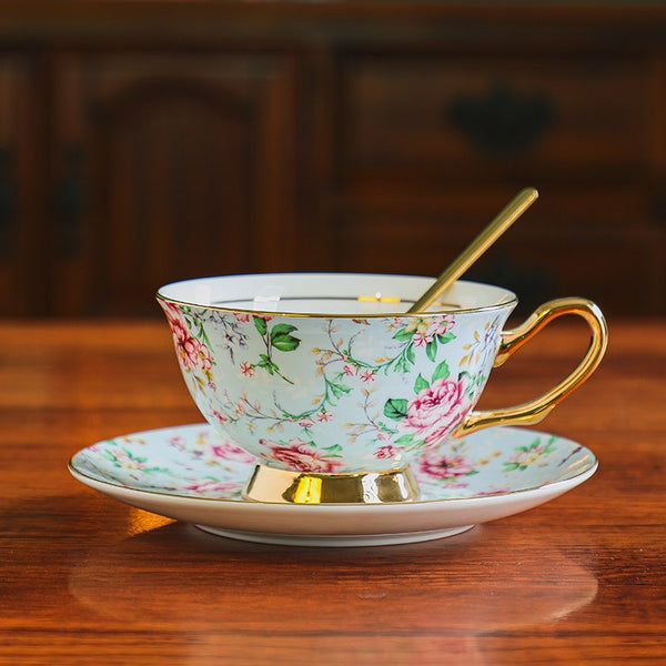 Ceramic Coffee Cup with Saucer, Floral Porcelain Tea Cup and Saucer Set, Traditional English Tea Cup and Saucer Set, Afternoon British Tea Cup with Saucer-artworkcanvas