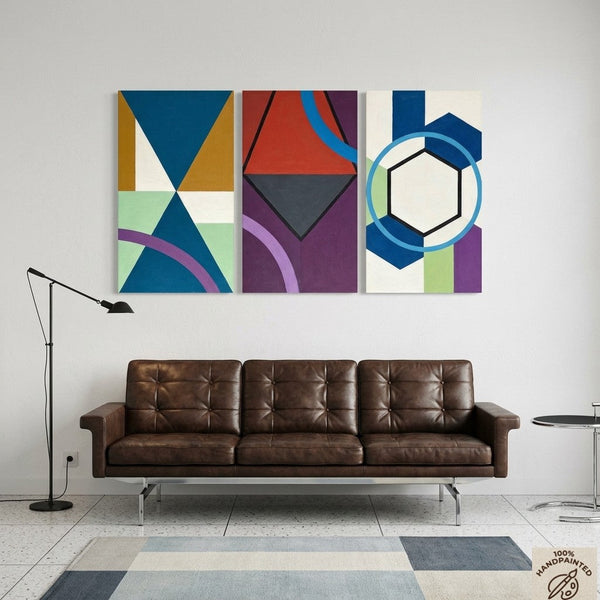 Geometric Abstract Paintings for Modernism Living Room Decor, Multi Panel Canvas Art, Extra Large Group Paintings, Hand Painted Artwork-artworkcanvas