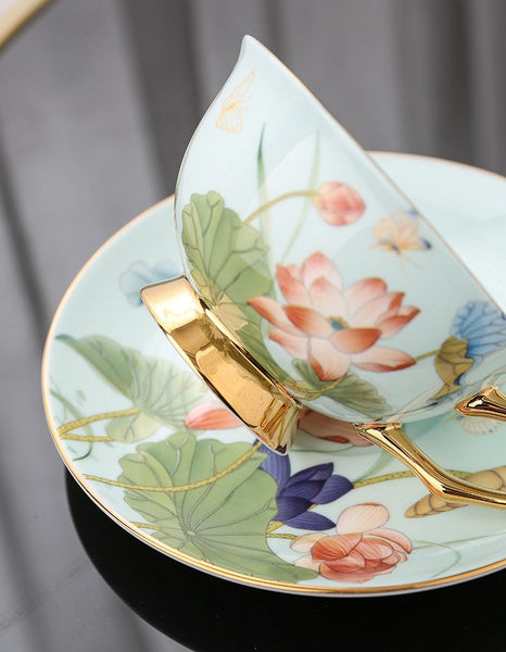 Unique British Tea Cup and Saucer in Gift Box, Lotus Flower Porcelain Tea Cup Saucer Set, Elegant British Ceramic Coffee Cups-artworkcanvas