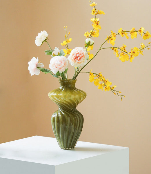 Handmade Contemporary Glass Vases, Modern Green Vases for Living Room, Mid Century Vases for Flowers, Unique Decorative Glass Vase, Centerpiece Vases on Table-artworkcanvas
