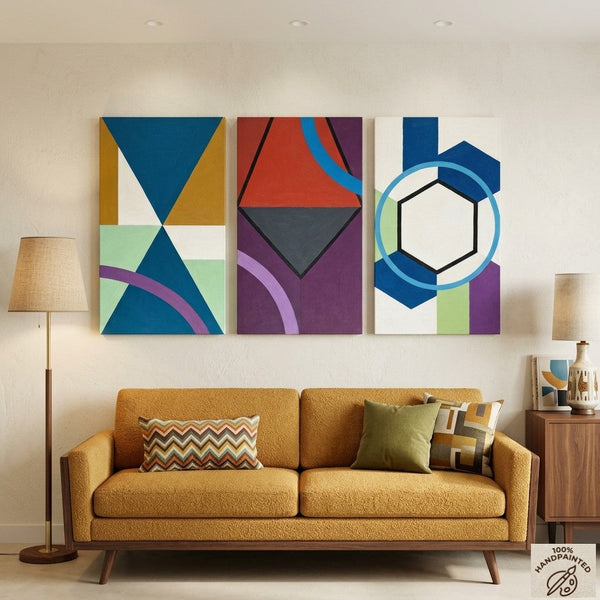 Geometric Abstract Paintings for Modernism Living Room Decor, Multi Panel Canvas Art, Extra Large Group Paintings, Hand Painted Artwork-artworkcanvas