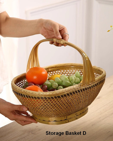 Kitchen Storage Baskets, Extra Large Picnic Food Basket with Handle, Lovely Bamboo Baskets for Vegetable, Natural Hand-woven Bamboo Basket, Natural Fruit Basket