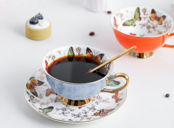 Unique Butterfly Coffee Cups and Saucers, Creative Butterfly Ceramic Coffee Cups, Beautiful British Tea Cups, Creative Bone China Porcelain Tea Cup Set-artworkcanvas