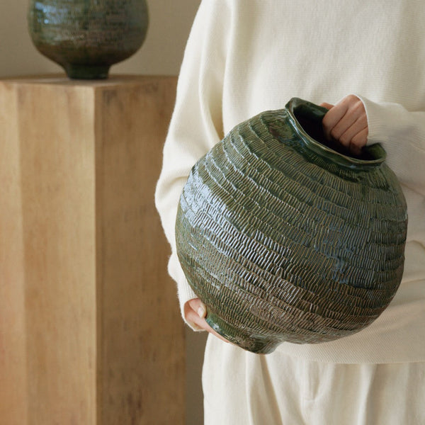 Centerpiece Ceramic Bouquet Vases, Green Porcelain Vases for Modern Home Decor, Large Contemporary Vases on Dining Table, Handmade Modern Flower Vase-artworkcanvas