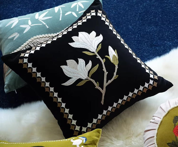 Decorative Pillow Arrangement Ideas for Couch, Magnolia Embroidered Cushion, Large Decorative Pillows for Couch, Modern Throw Pillows for Bedroom, Living Room Decorative Pillows-artworkcanvas
