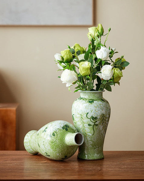 Large Flower Vases on Table, Green Porcelain Flower Vases, Centerpiece Ceramic Bud Vases, Handmade Water Holding Flower Vase-artworkcanvas