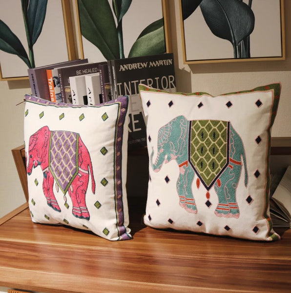 Elephant Embroider Cotton Pillow Covers, Farmhouse Decorative Sofa Pillows, Cotton Decorative Pillows, Decorative Throw Pillows for Couch-artworkcanvas