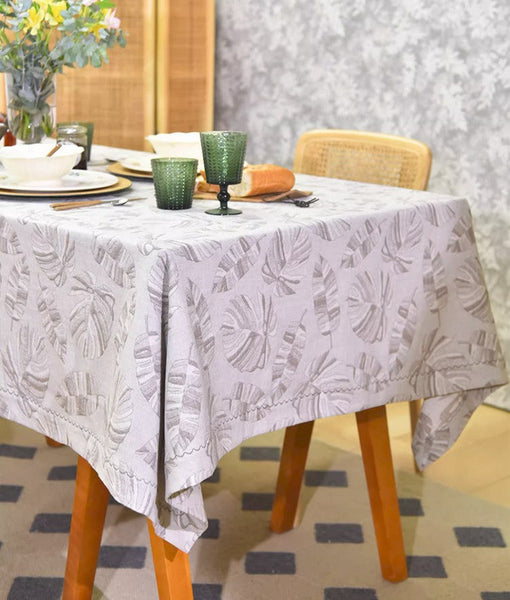 Monstera Leaf Modern Table Cloths for Kitchen, Simple Contemporary Grey Cotton Tablecloth, Large Rectangle Table Covers for Dining Room Table, Square Tablecloth for Round Table-artworkcanvas