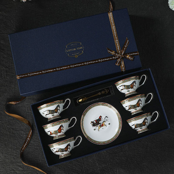 Elegant British Horse Pattern Coffee Cup with Saucer, 7.4 oz Ceramic Tea Cup and Saucer in Gift Box, Porcelain Tea Cup and Saucer Set-artworkcanvas