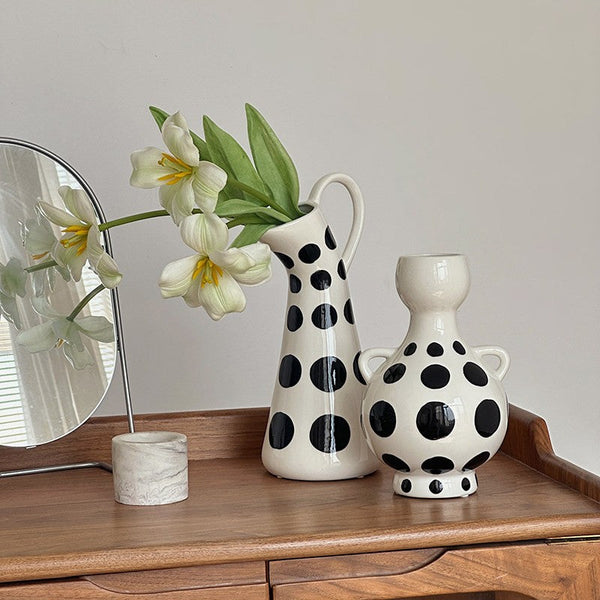Ceramic Bud Vases, Small Flower Vases on Table, Black and White Polka Dot Flower Vase, Modern Porcelain Flower Vases, Handmade Water Holding Flower Vases-artworkcanvas