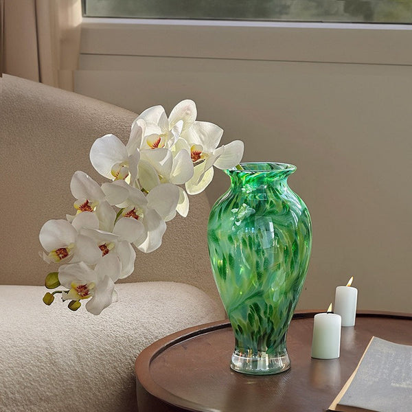 Large Green Glass Flower Vases, Modern Glass Flower Vases, Water Holding Flower Vases, Handmade Flower Vases on Table-artworkcanvas