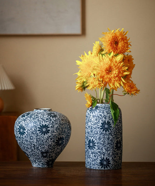 Vintage Bouquet Flower Vases, Centerpiece on Dining Table, Large Blue Flower Vase on Table, Handmade Porcelain Flower Vases Urn, Water Holding Flower Vases-artworkcanvas