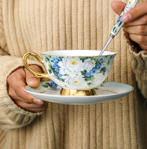 Elegant British Ceramic Coffee Cups, 7.4 oz Tea Cup and Saucer in Gift Box, Royal Porcelain Tea Cup Saucer Set, Rose Flower Pattern Ceramic Cups-artworkcanvas