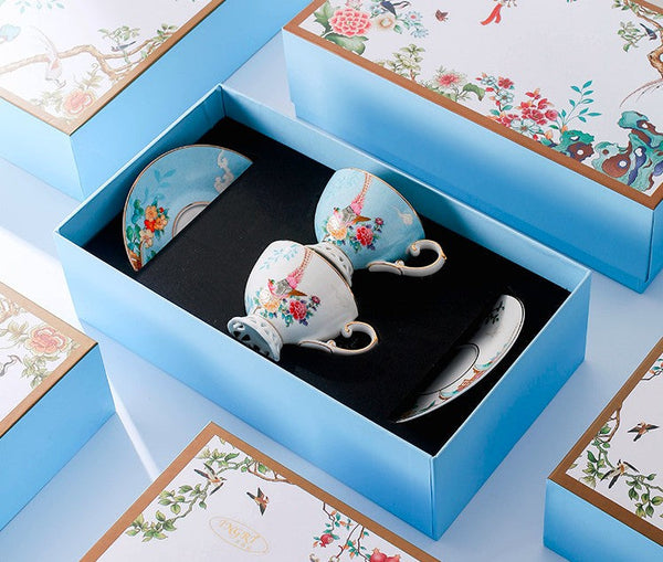 Beautiful Bird Pattern Tea Cups, 8 oz Porcelain Tea Cup Saucer Set of 2 Cups, Elegant Oriental Pheasant Ceramic Cup and Saucer in Gift Box-artworkcanvas