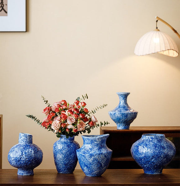 Handmade Water Holding Flower Vases, Centerpiece on Dining Table, Blue Pottery Bud Vases, Large Flower Vases on Table, Modern Pottery Flower Vases-artworkcanvas