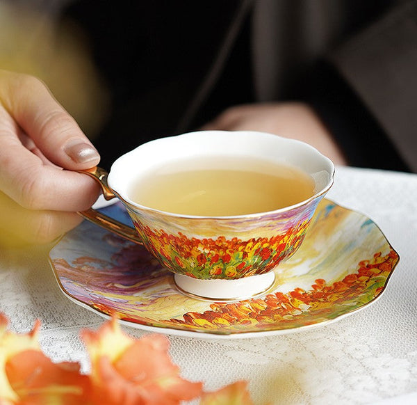 Elegant Ceramic Coffee Cups, Flower Field Vintage Porcelain Tea Cup Saucer Set, Unique British Tea Cup and Saucer in Gift Box, Royal Ceramic Cups-artworkcanvas
