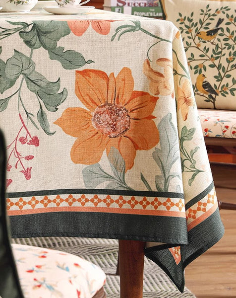 Beautiful Kitchen Table Cover, Spring Flower Tablecloth for Round Table, Linen Table Cover for Dining Room Table, Simple Modern Rectangle Tablecloth Ideas for Oval Table-artworkcanvas