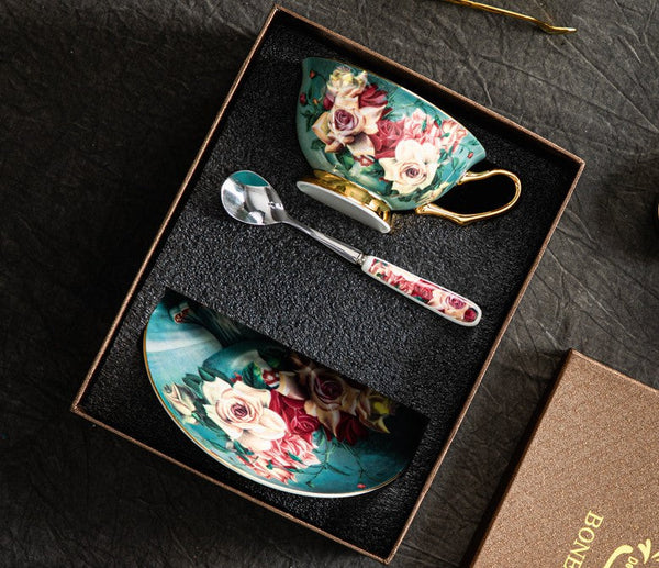 Large Rose Royal Ceramic Cups, Afternoon Bone China Porcelain Tea Cup Set, Unique Tea Cups and Saucers in Gift Box, Elegant Flower Ceramic Coffee Cups