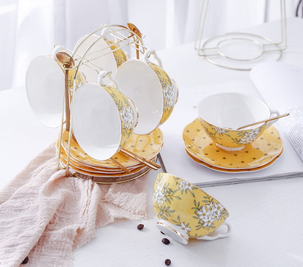 Creative Yellow Ceramic Coffee Cups, Unique Flower Coffee Cup and Saucer, Beautiful British Tea Cups, Creative Porcelain Tea Cup Set-artworkcanvas