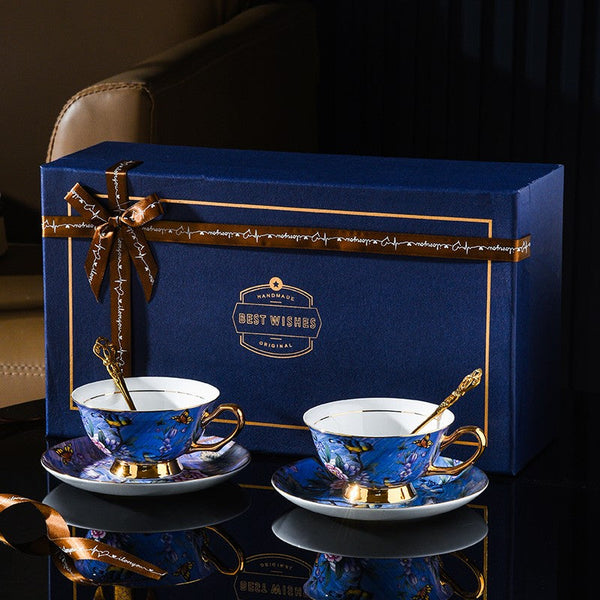 Unique British Tea Cup and Saucer in Gift Box, Blue Bird and Butterfly Porcelain Tea Cup Saucer Set, 7.4 oz British Ceramic Coffee Cups-artworkcanvas