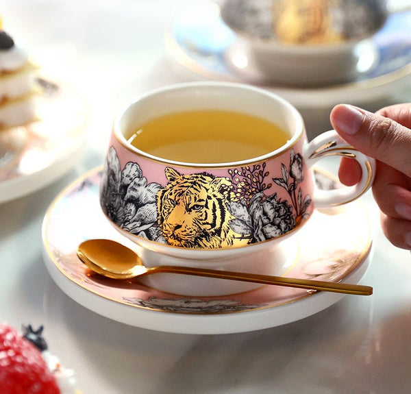 Handmade Ceramic Cups with Gold Trim and Gift Box, Jungle Tiger Cheetah Porcelain Coffee Cups, Creative Ceramic Tea Cup and Saucer-artworkcanvas