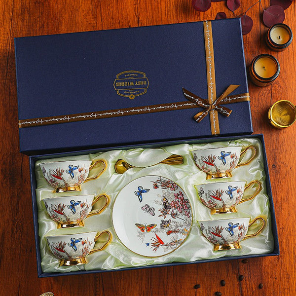 Ceramic Coffee Cups in Gift Box, Butterfly Pattern Porcelain Tea Cup and Saucer Set, British Traditional Afternoon Tea Cup and Saucer Set-artworkcanvas