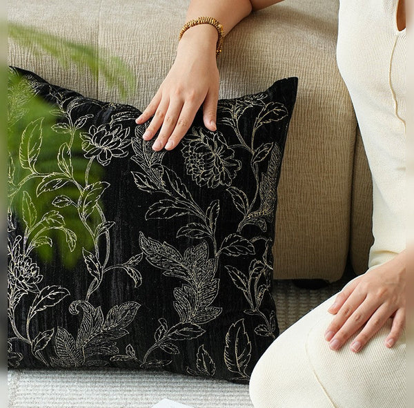 Contemporary Modern Sofa Pillows, Black Embroidery Flower Pattern Pillows for Couch, Decorative Throw Pillows for Bedroom, Large Modern Sofa Pillow for Dining Room-artworkcanvas