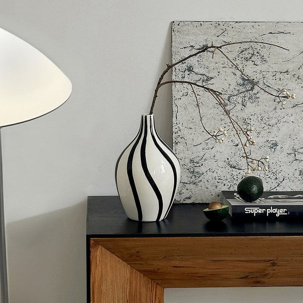 Water Holding Flower Vases, Black and White Striped Ceramic Vase, Porcelain Flower Vases, Modern Flower Vases on Table-artworkcanvas