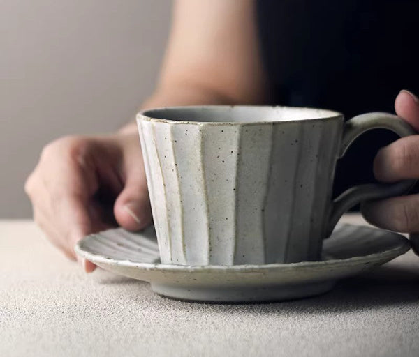 Handmade Pottery Coffee Cup, Creative Ceramic Coffee Cup with Saucer, Unique Tea Cup and Saucer, Modern Tea Cup Set for Afternoon Tea-artworkcanvas