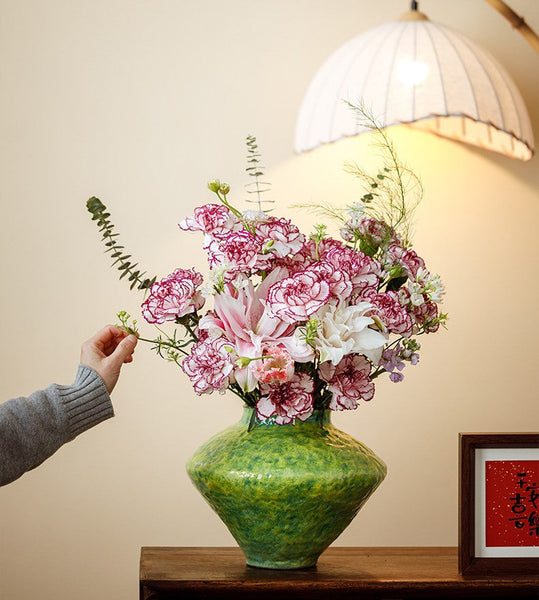 Modern Pottery Flower Vases, Handmade Water Holding Flower Vases, Pottery Bud Vases, Large Green Flower Vases on Table, Centerpiece on Dining Table-artworkcanvas