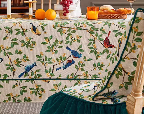 Bird Flower Pattern Farmhouse Table Cloth, Large Modern Rectangle Tablecloth for Dining Room Table, Square Tablecloth for Round Table-artworkcanvas