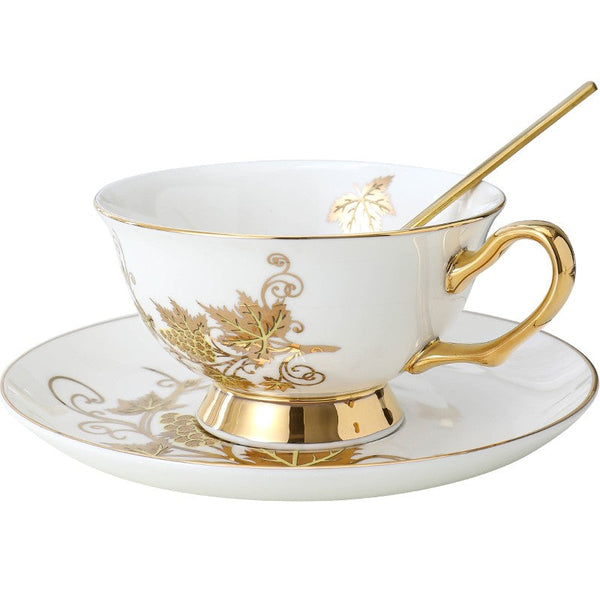 Elegant British Ceramic Coffee Cups, 7.4 oz Golden Leaves and Grapes Porcelain Tea Cup Saucer Set, Unique British Tea Cup and Saucer in Gift Box-artworkcanvas